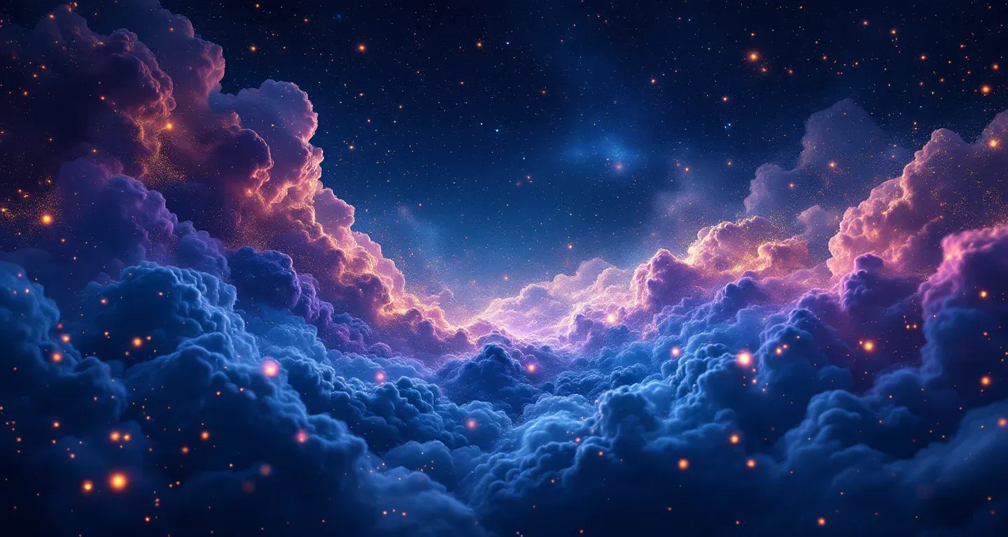 An atmospheric dream scene of purple-magenta clouds and golden stars representing the symbol of seeing a pregnant woman in a dream.