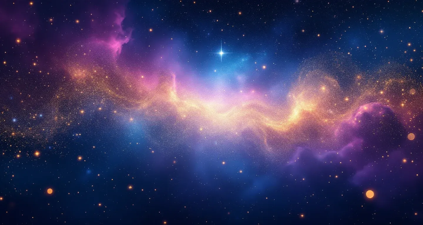 Escena onírica atmosférica con nebulosas moradas y magenta y estrellas doradas que representa el símbolo de soñar que estás embarazada y acariciar tu barriga.