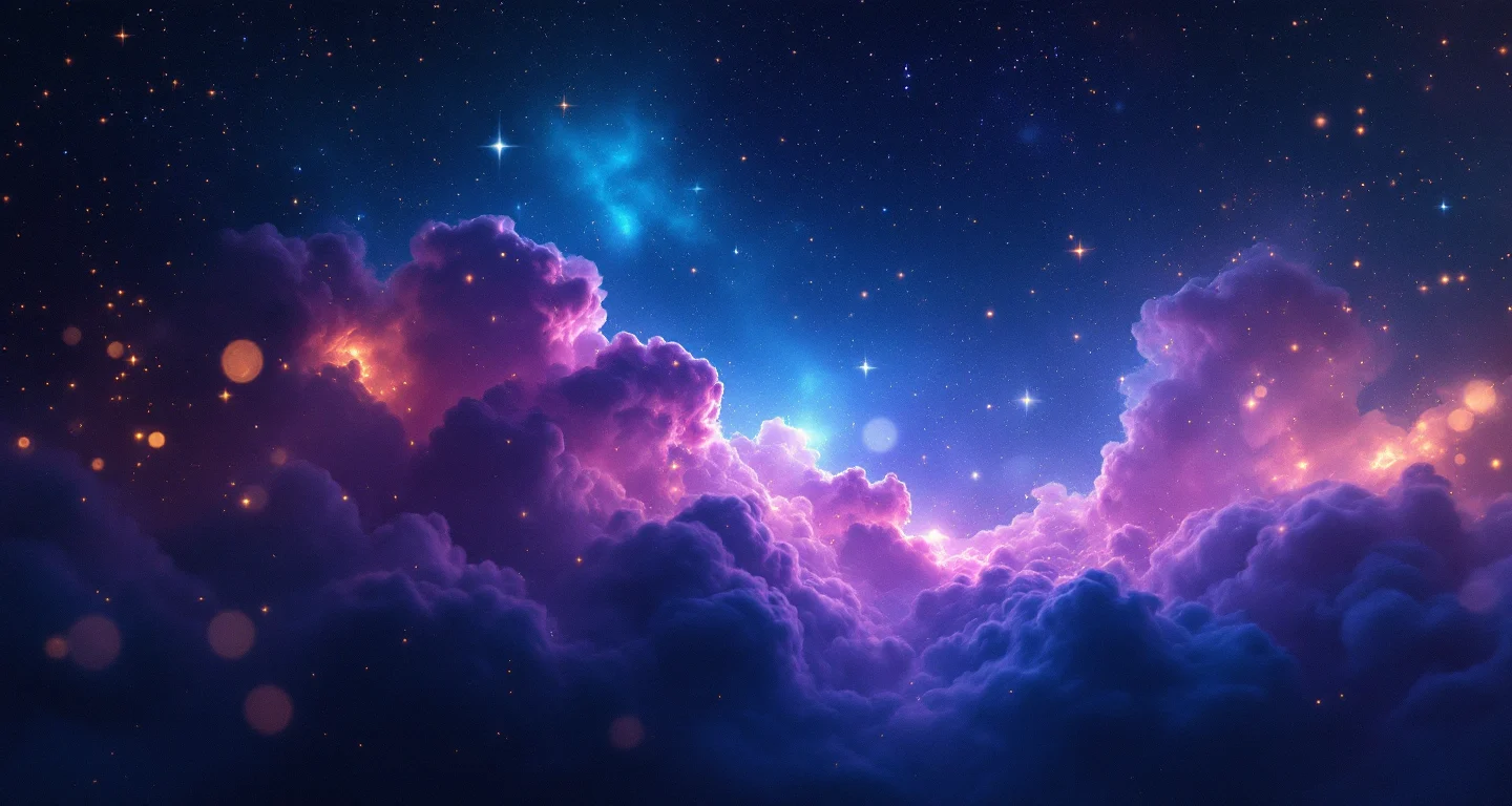 Rüyada Hamile Olduğunu Öğrenmek sembolünü temsil eden, mor-magenta bulutsu ve altın yıldızlardan oluşan atmosferik rüya sahnesi.