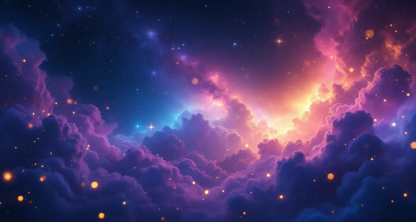 Escena onírica atmosférica con nebulosa púrpura-magenta y estrellas doradas que representa el símbolo de decir en un sueño que estás embarazada.