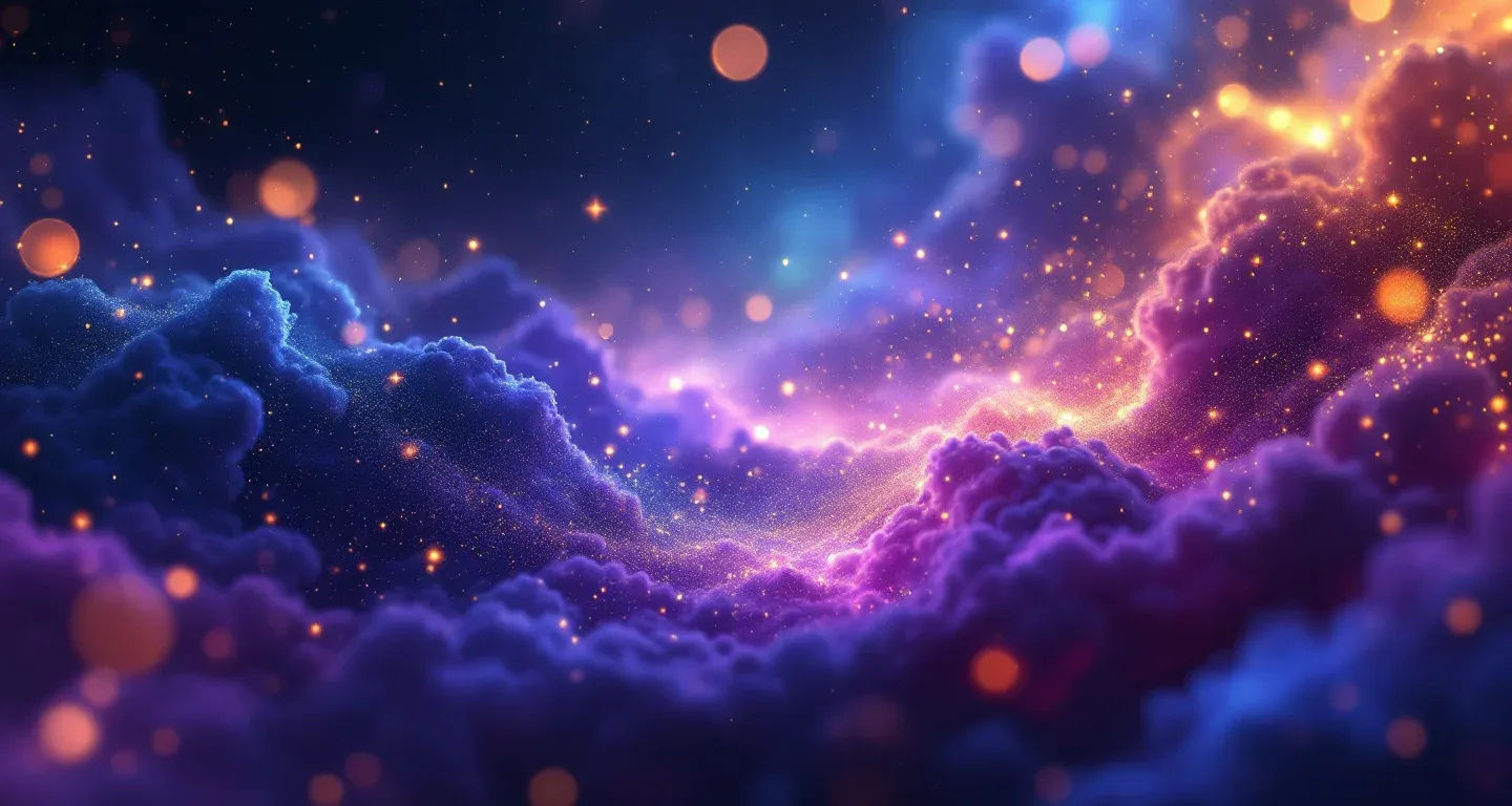 代表梦见怀孕时出血这一象征的氛围感梦境场景，由紫红色星云与金色星辰构成。
