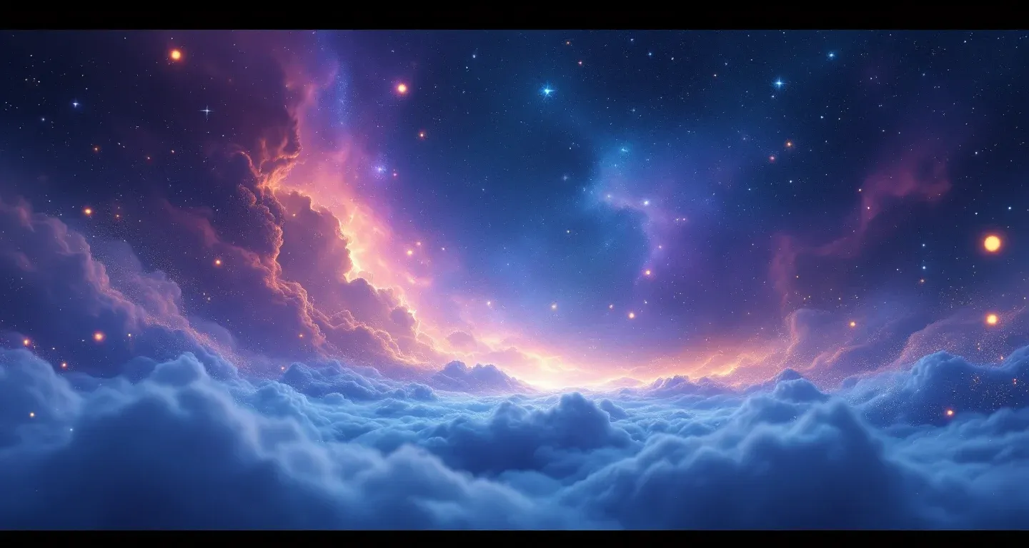 Escena onírica atmosférica con una nebulosa morado-magenta y estrellas doradas que representa el símbolo de entrar en la cárcel en un sueño.