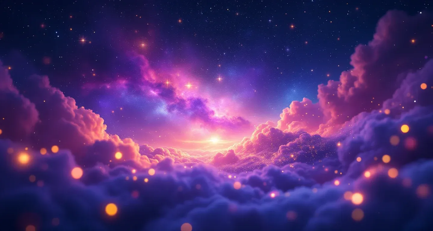 Escena onírica atmosférica con nebulosa morada-magenta y estrellas doradas que representa el símbolo de soñar con una piscina.