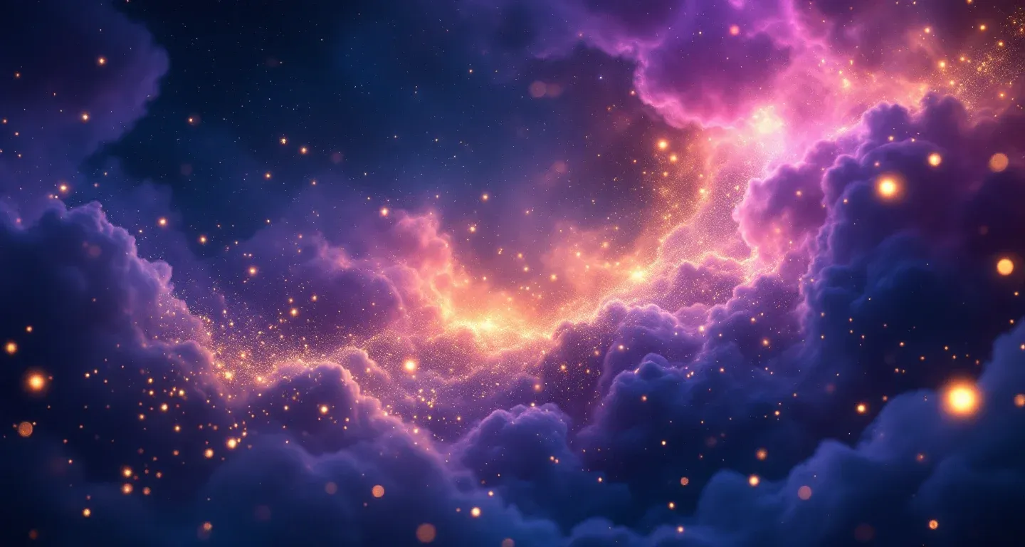 Escena onírica atmosférica con nebulosas moradas y magenta y estrellas doradas, que representa el símbolo de ver interpretaciones favorables de sueños en un sueño.