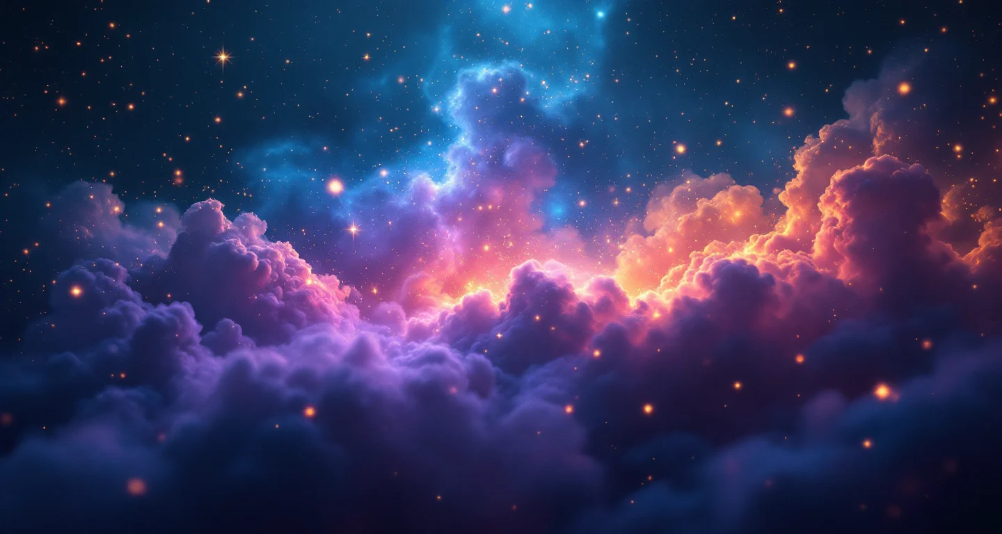 Rüyada Helikopter Görmek sembolünü temsil eden, mor-magenta bulutsu ve altın yıldızlardan oluşan atmosferik rüya sahnesi.
