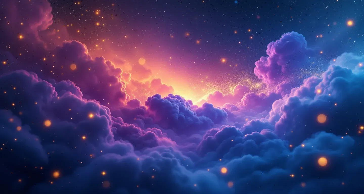 Escena onírica atmosférica con nebulosas morado-magenta y estrellas doradas que representa el símbolo de ver al ladrón huyendo.