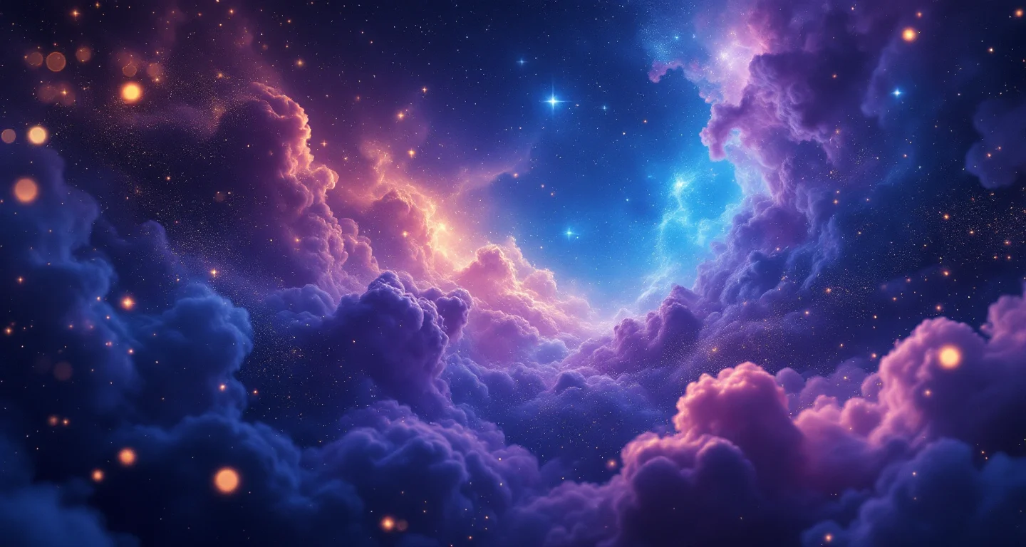 Rüyada İdrardan Kan Gelmesi sembolünü temsil eden, mor-magenta bulutsu ve altın yıldızlardan oluşan atmosferik rüya sahnesi.
