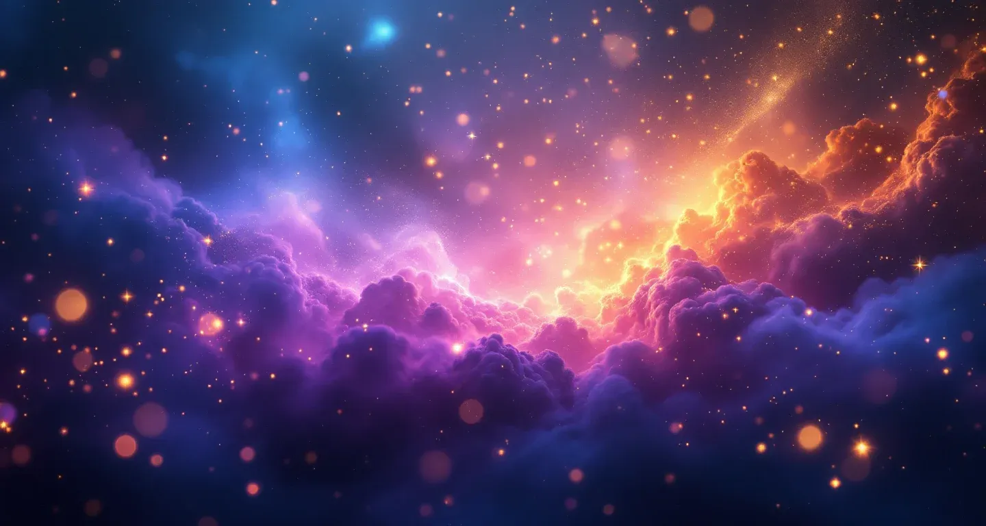 Escena onírica atmosférica con una nebulosa morada y magenta y estrellas doradas que representa el símbolo de Ver una Segunda Vida en Sueños.