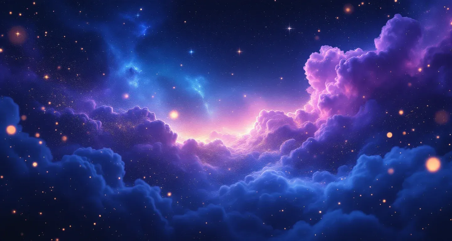 Escena onírica atmosférica con nebulosas morado-magenta y estrellas doradas, que representa el símbolo de ver a dos hombres teniendo relaciones en sueños.
