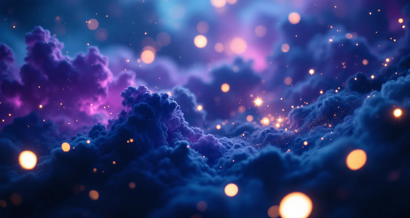 Rüyada Ikiz Bebek Gormek sembolünü temsil eden, mor-magenta bulutsu ve altın yıldızlardan oluşan atmosferik rüya sahnesi.