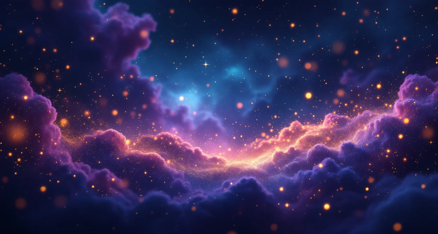 Rüyada İlişkiye Girmek Görmek sembolünü temsil eden, mor-magenta bulutsu ve altın yıldızlardan oluşan atmosferik rüya sahnesi.