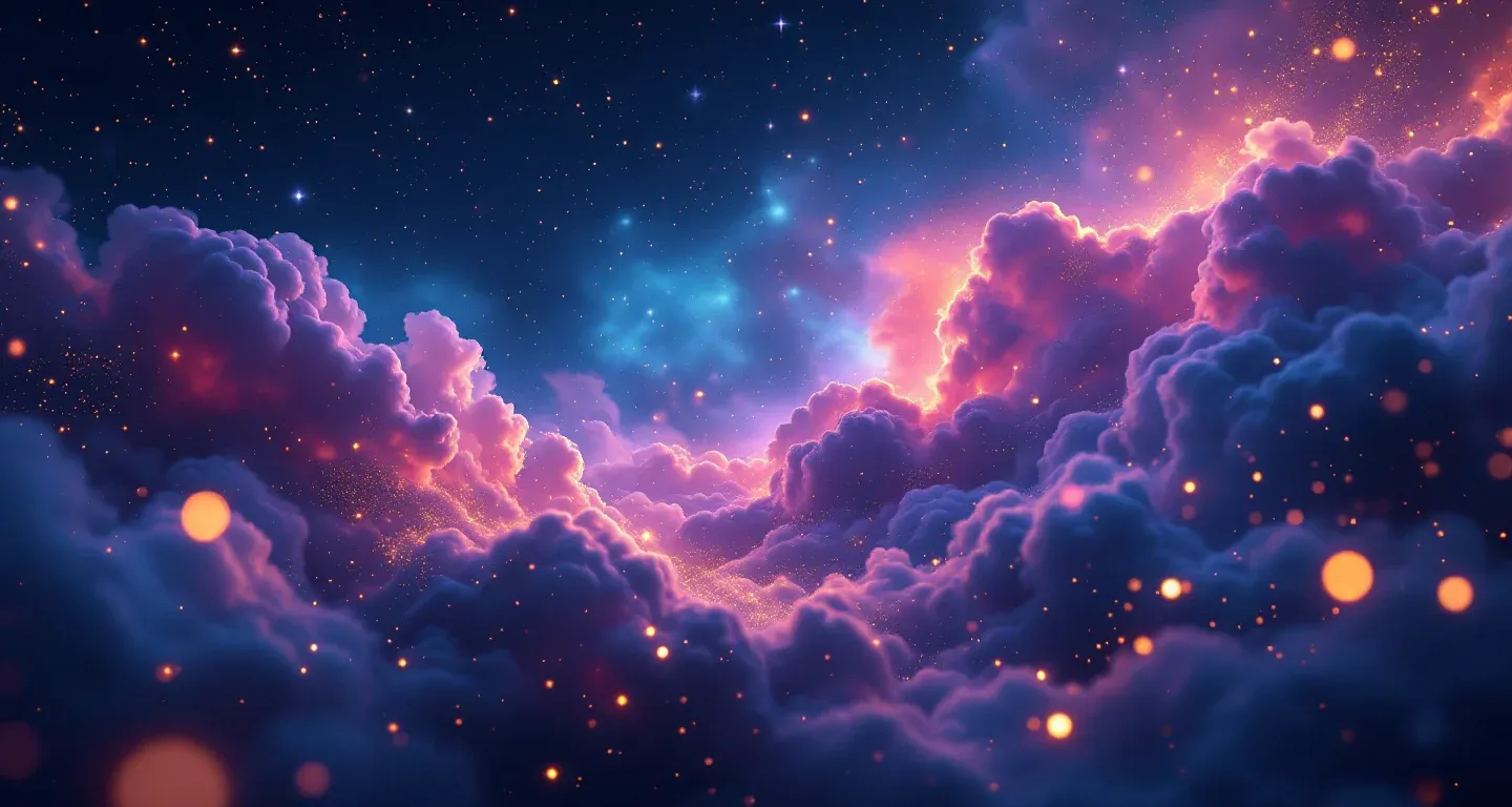 Escena onírica atmosférica con nebulosa morada y magenta, y estrellas doradas, que representa el símbolo de ver en sueños las interpretaciones del imam Nablusi.