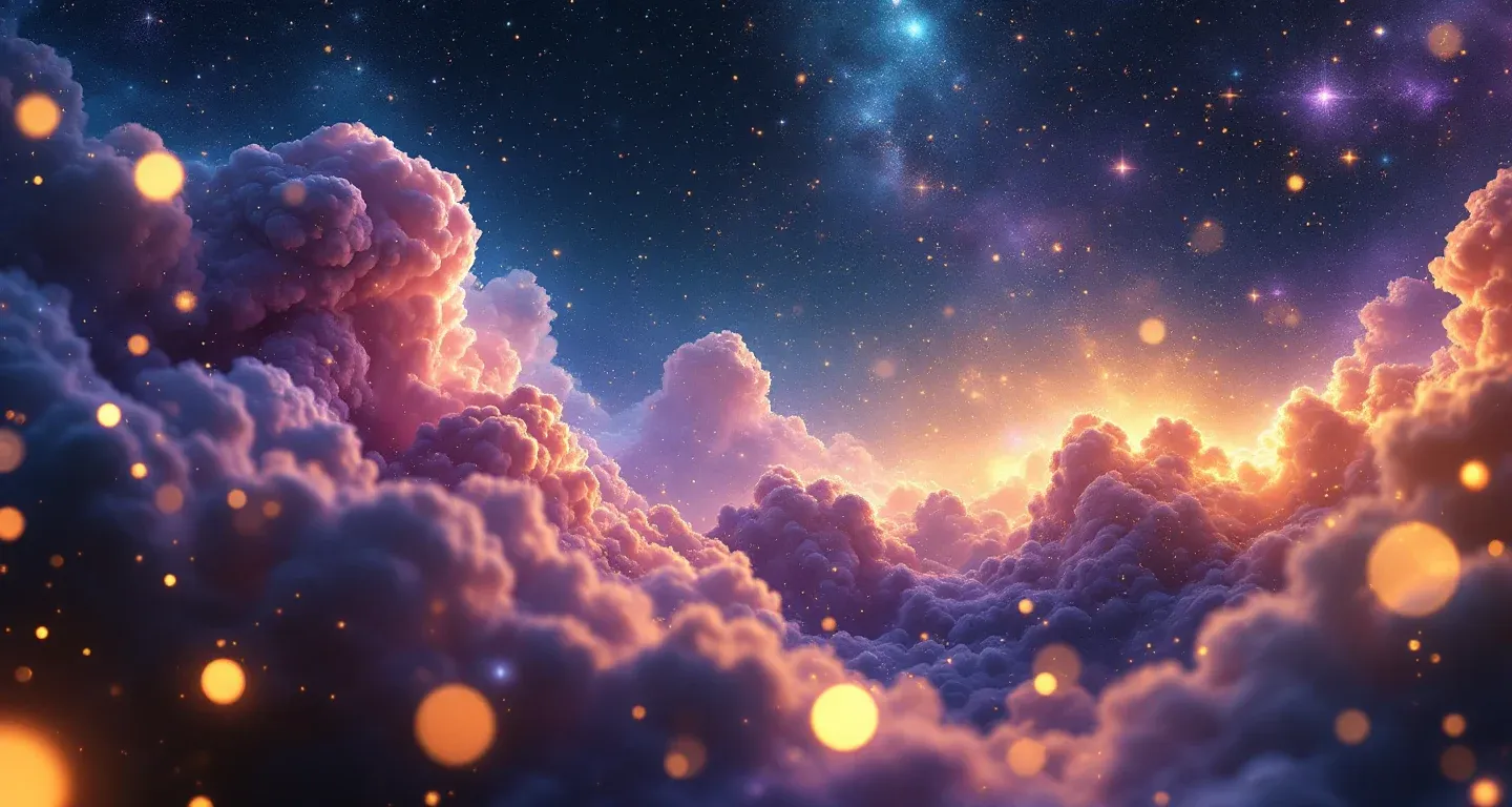 Atmosphärische Traumszene aus violett-magenta Nebeln und goldenen Sternen, die das Symbol des Feigenessens im Traum darstellt.