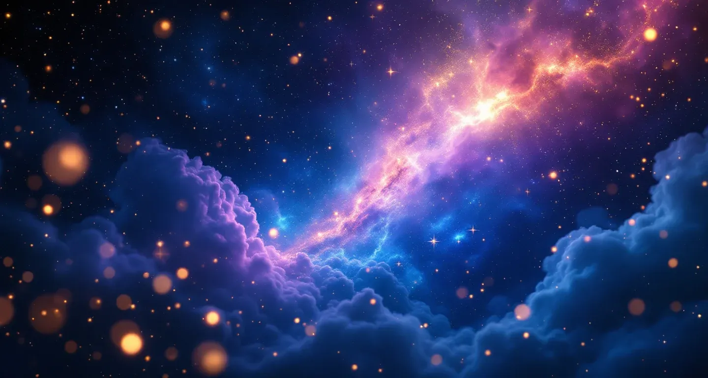 Escena onírica atmosférica con nebulosa morada-magenta y estrellas doradas que representa el símbolo de ver una vaca en sueños según Diyanet.