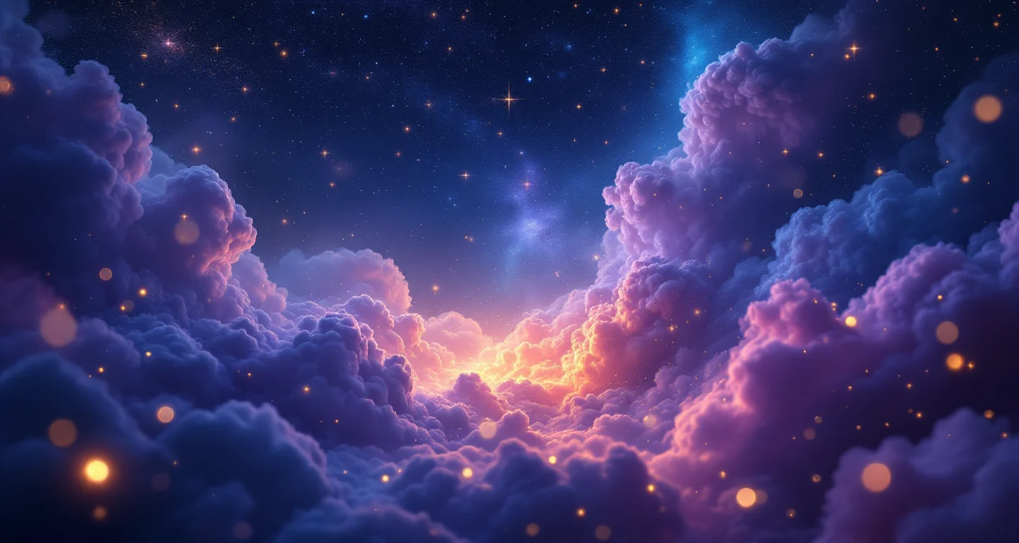 Rüyada İnek Saldırması Görmek sembolünü temsil eden, mor-magenta bulutsu ve altın yıldızlardan oluşan atmosferik rüya sahnesi.
