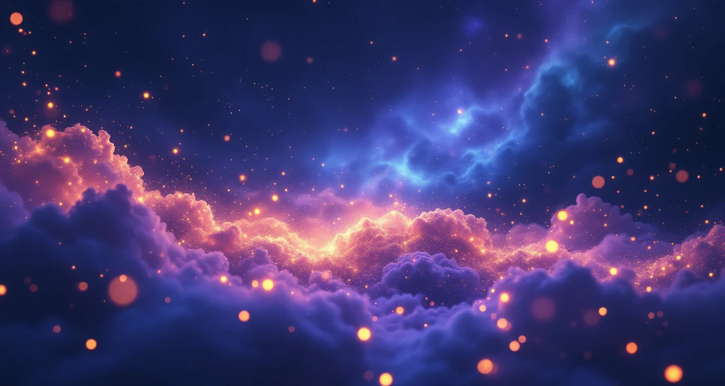 Rüyada Internet Görmek sembolünü temsil eden, mor-magenta bulutsu ve altın yıldızlardan oluşan atmosferik rüya sahnesi.