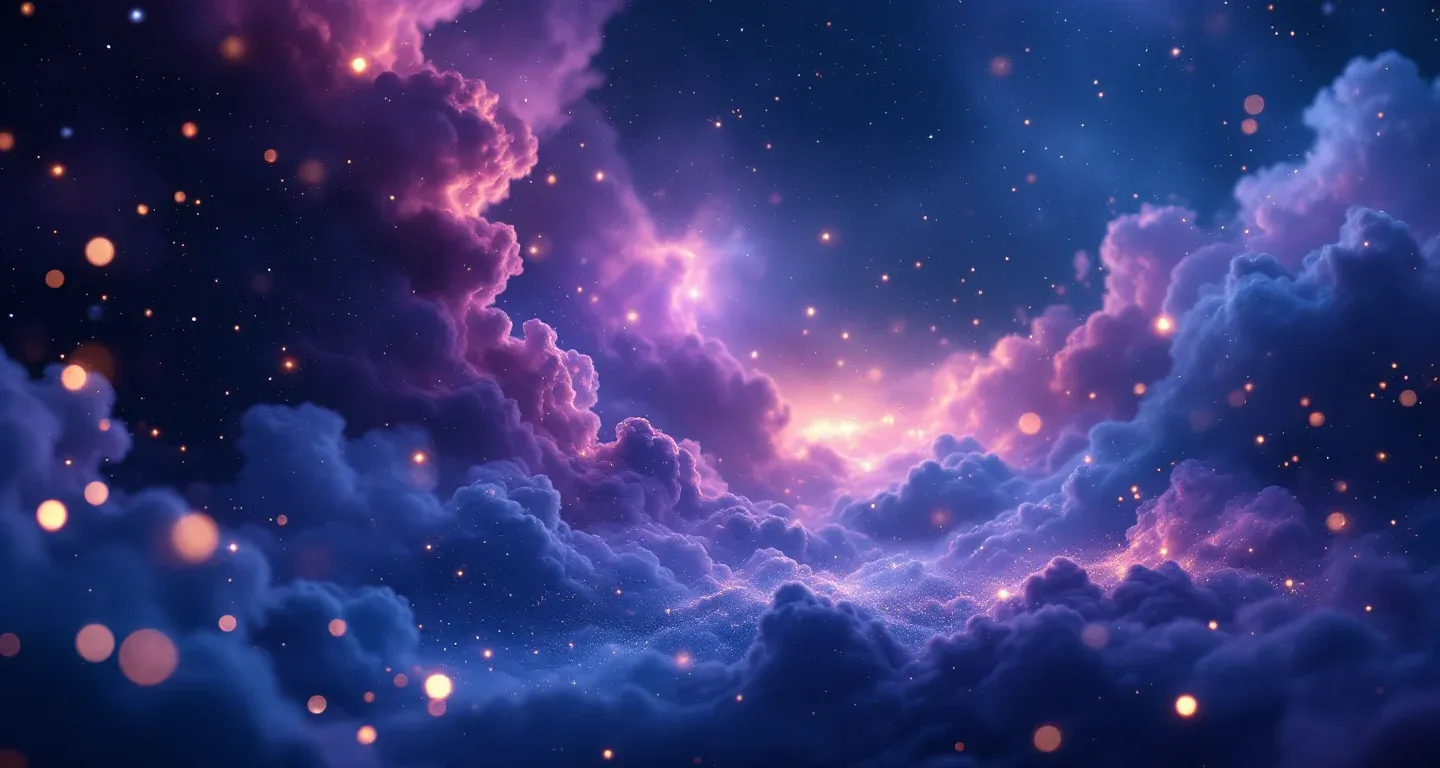 Escena onírica atmosférica con una nebulosa morado-magenta y estrellas doradas, que representa el símbolo de ver a un compañero de trabajo en sueños.