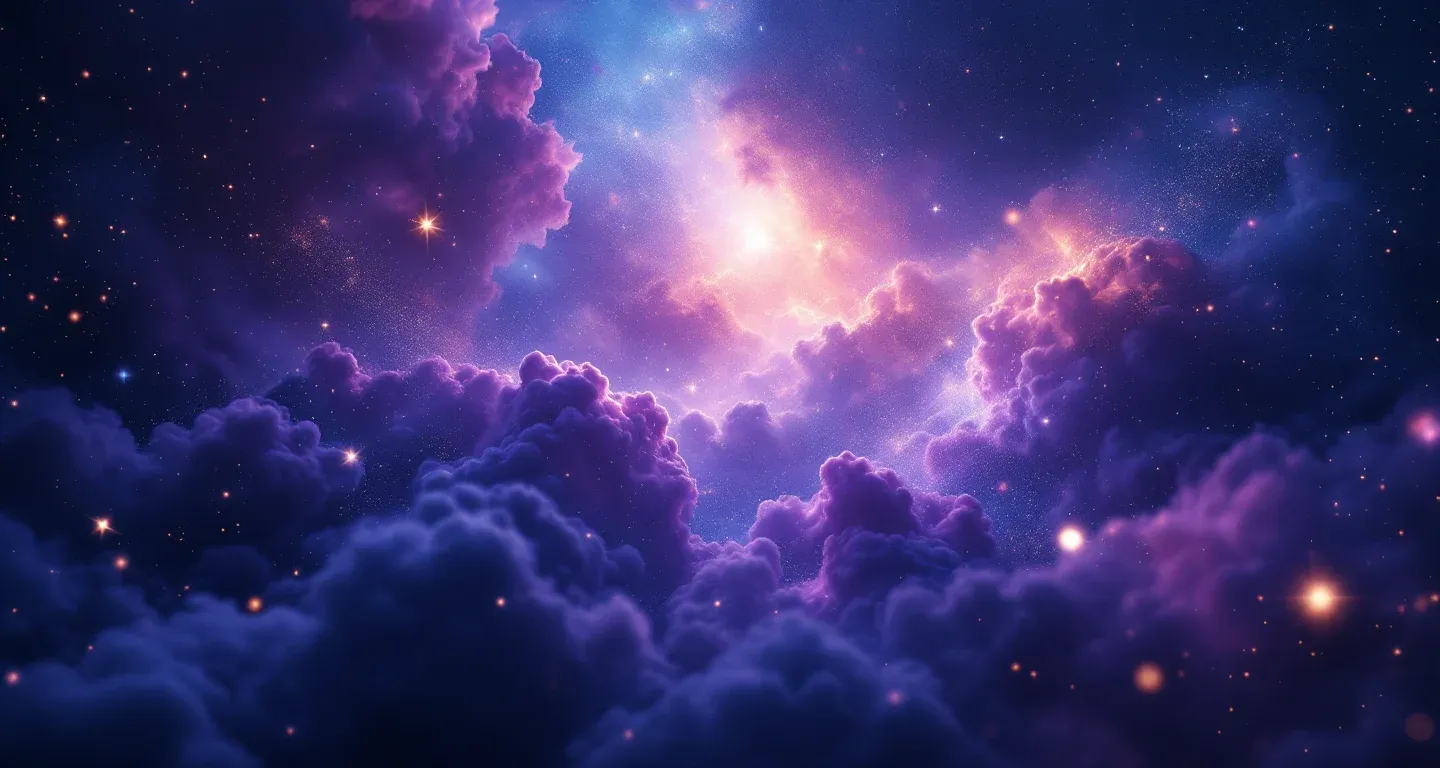 Escena onírica atmosférica con nebulosas morado-magenta y estrellas doradas que representa el símbolo de ver una interpretación islámica de sueños.