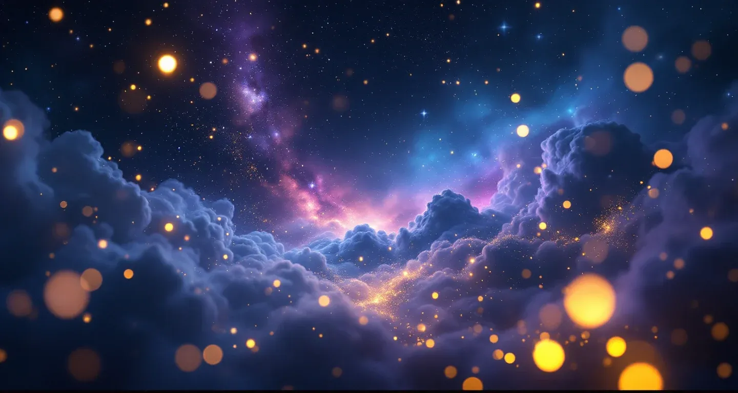 Escena onírica atmosférica con nebulosas moradas y magenta y estrellas doradas, que representa el símbolo de ver interpretaciones islámicas de los sueños.