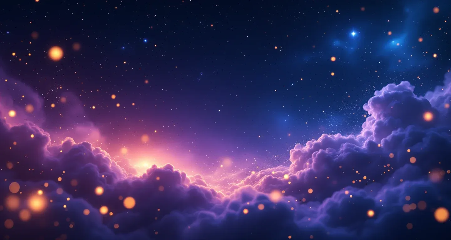 Cena onírica atmosférica com nebulosas em tons de roxo e magenta e estrelas douradas, representando o símbolo de Sonhar com as Interpretações Islâmicas dos Sonhos Ihya.