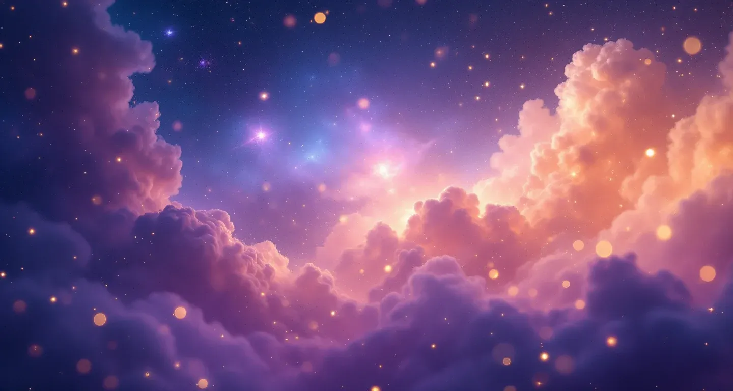 Escena onírica atmosférica con nebulosas morado-magenta y estrellas doradas que representa el símbolo de ver espinacas en un sueño.