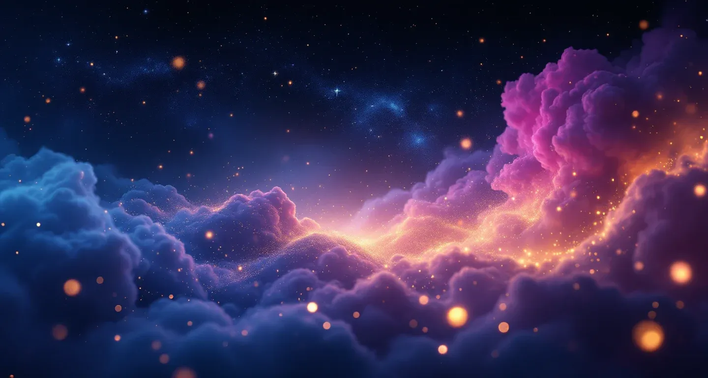 Escena onírica atmosférica con nebulosa morada-magenta y estrellas doradas que representa el símbolo de ir a la Kaaba en sueños.