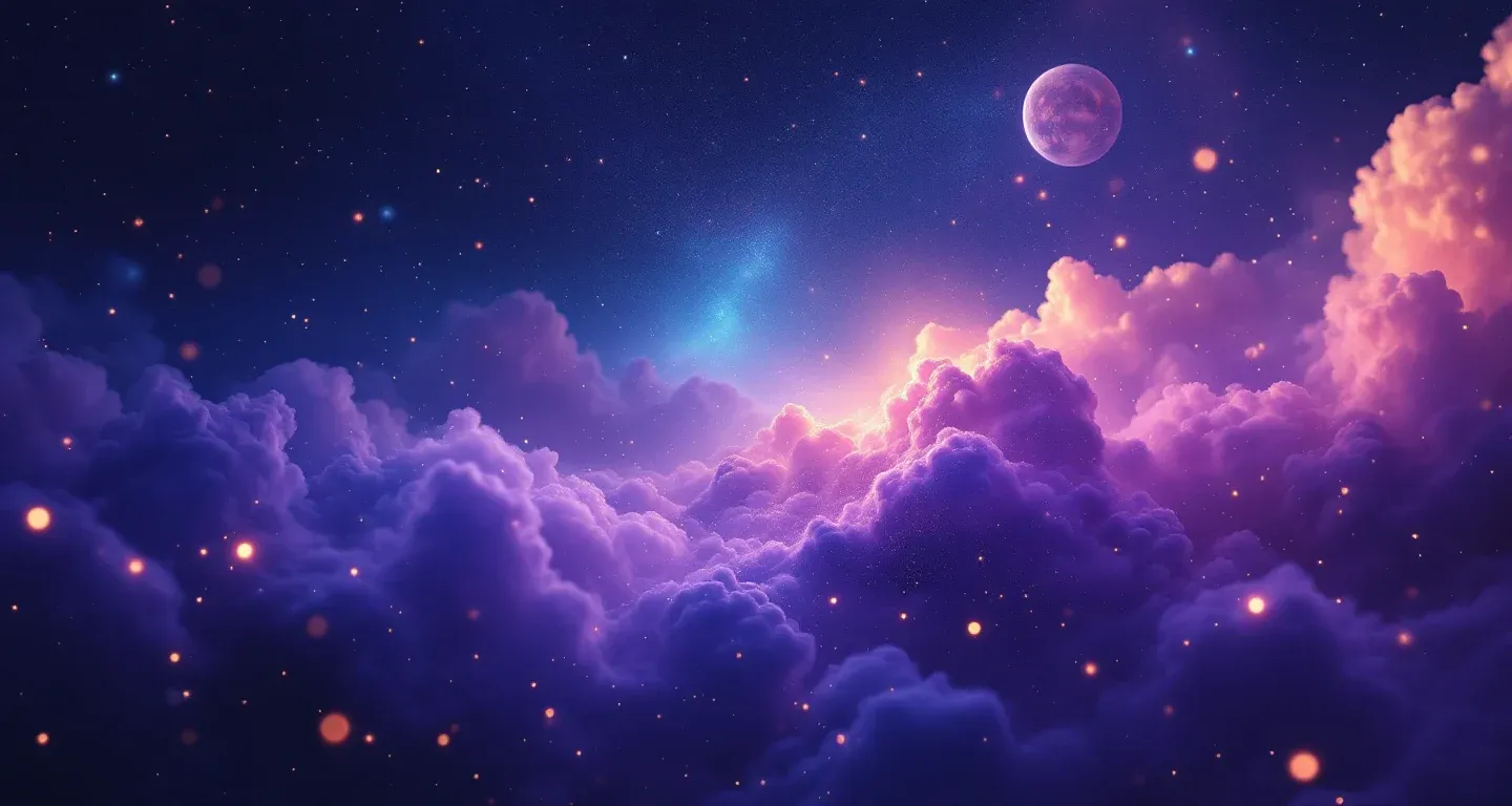 Escena onírica atmosférica con una nebulosa morada y magenta y estrellas doradas, que representa el símbolo de verse hombre siendo mujer en sueños.