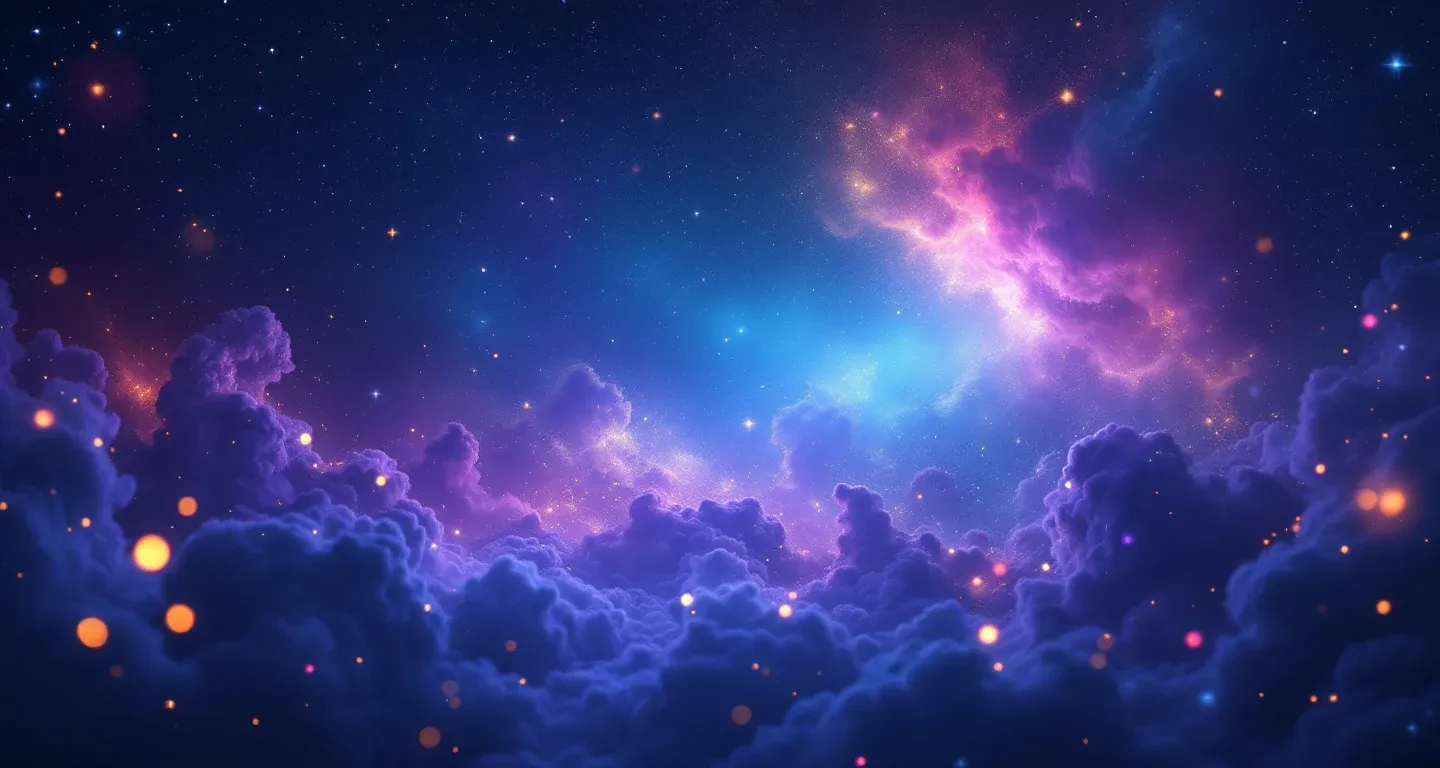 Escena onírica atmosférica con una nebulosa morado-magenta y estrellas doradas que representa el símbolo de Soñar con un Cuerpo de Mujer.