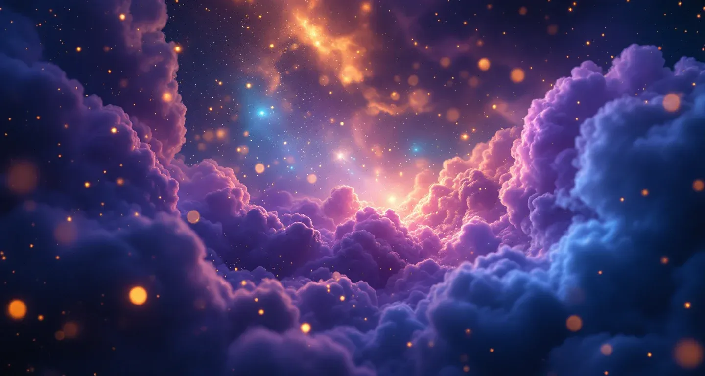 Escena onírica atmosférica con niebla morado-magenta y estrellas doradas, que representa el símbolo de soñar que una mujer ve sus propias piernas con vello en Diyanet.