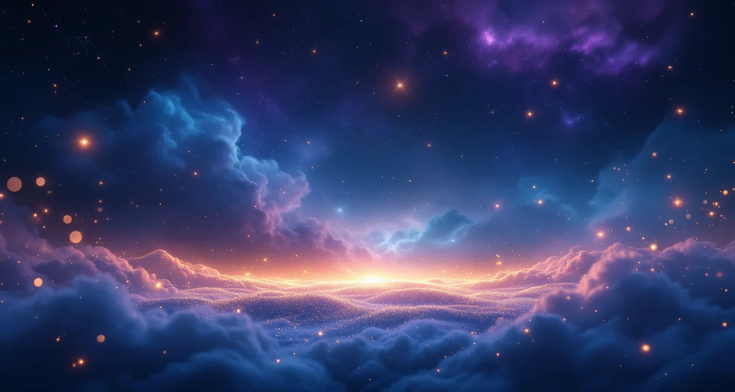 Ruyada Kagit Para Gormek sembolünü temsil eden, mor-magenta bulutsu ve altın yıldızlardan oluşan atmosferik rüya sahnesi.