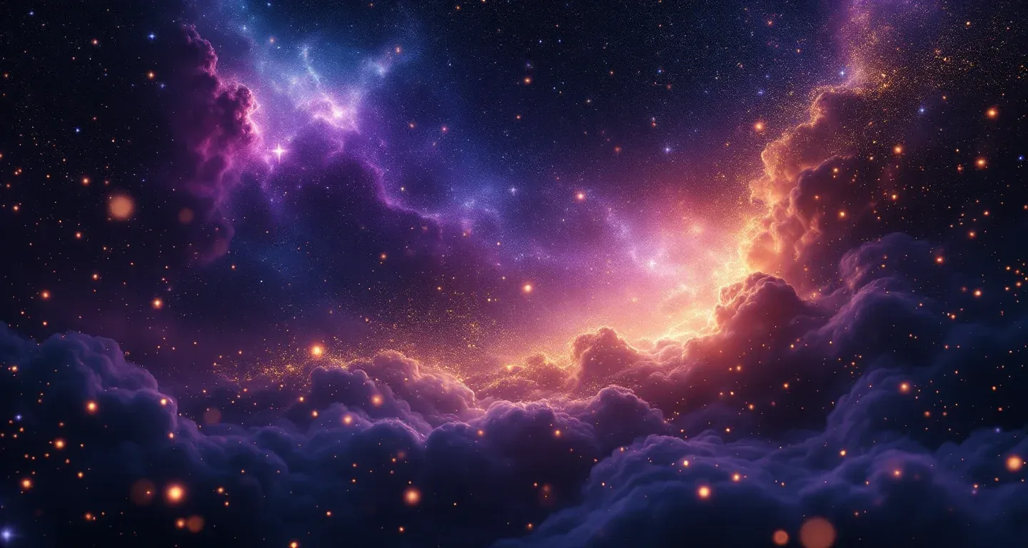 Escena onírica atmosférica con nebulosas morado-magenta y estrellas doradas que representa el símbolo de hacer café en sueños.