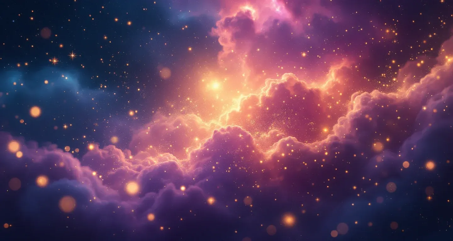 代表梦见棕色狗这一象征的氛围感梦境画面，由紫红色星云与金色星辰构成。
