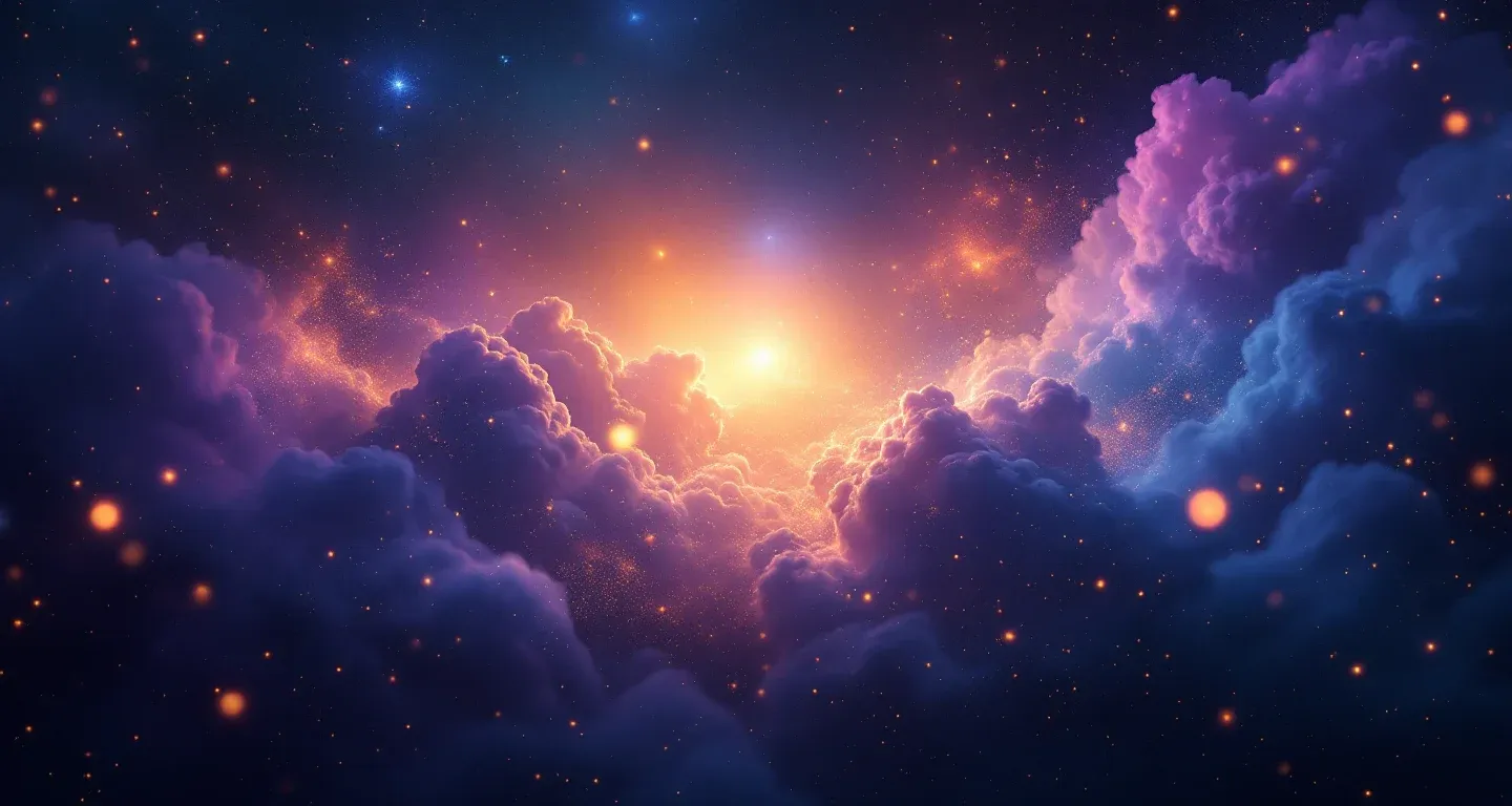 Escena onírica atmosférica con nebulosa morado-magenta y estrellas doradas que representa el símbolo de ver un camión volcado de lado en sueños.