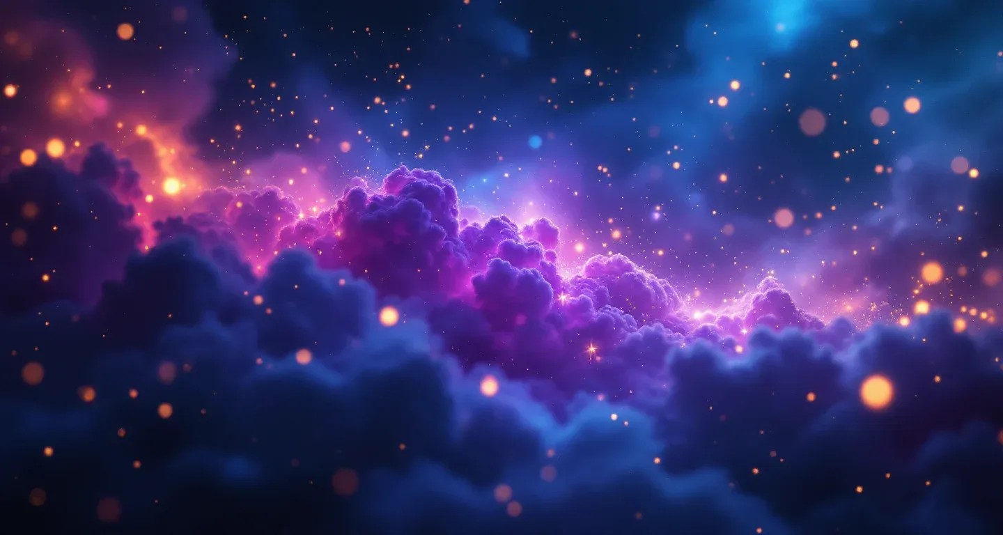 Escena onírica atmosférica con nebulosas moradas y magenta, y estrellas doradas, que representa el símbolo de ver un tigre en sueños.