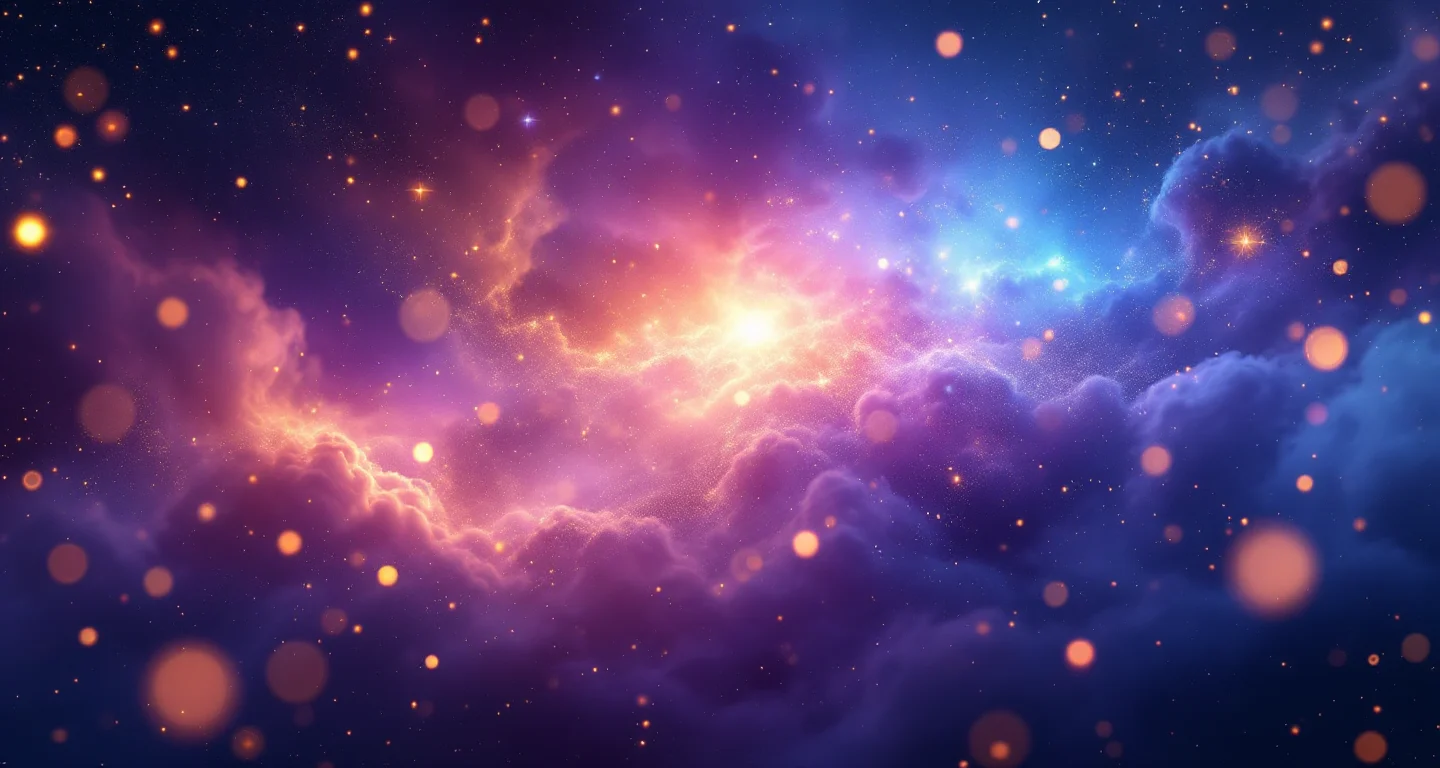 Rüyada Kaplandan Kaçmak sembolünü temsil eden, mor-magenta bulutsu ve altın yıldızlardan oluşan atmosferik rüya sahnesi.