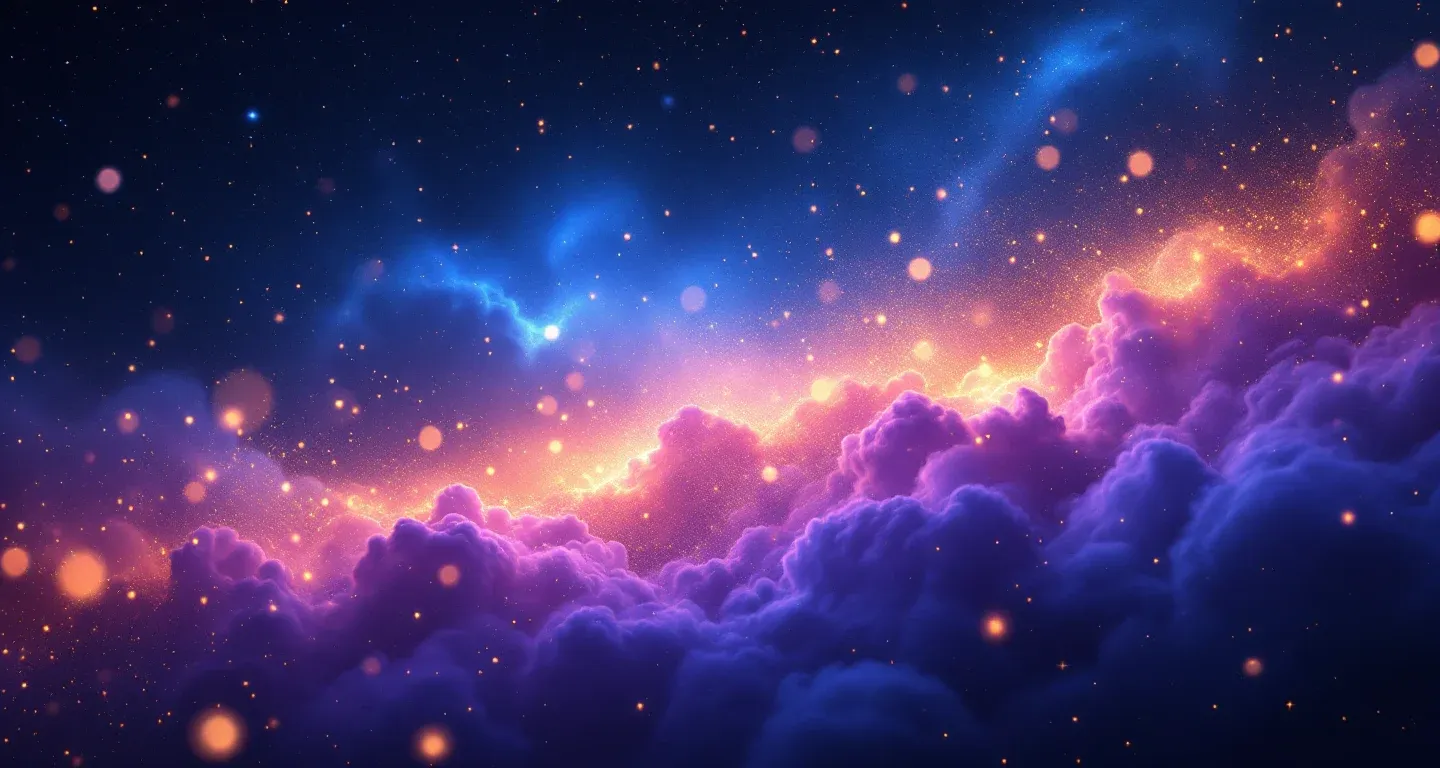 夢の中で兄弟と結婚するのを見る象徴を表す、紫がかったマゼンタの星雲と金色の星々が漂う幻想的な夢の風景。