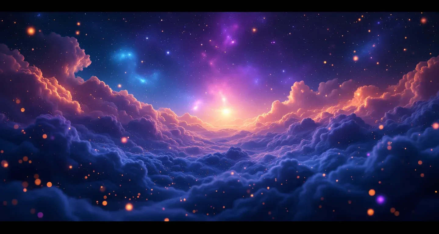Escena onírica atmosférica con nebulosas morado-magenta y estrellas doradas que representa el símbolo de soñar con una pelea.