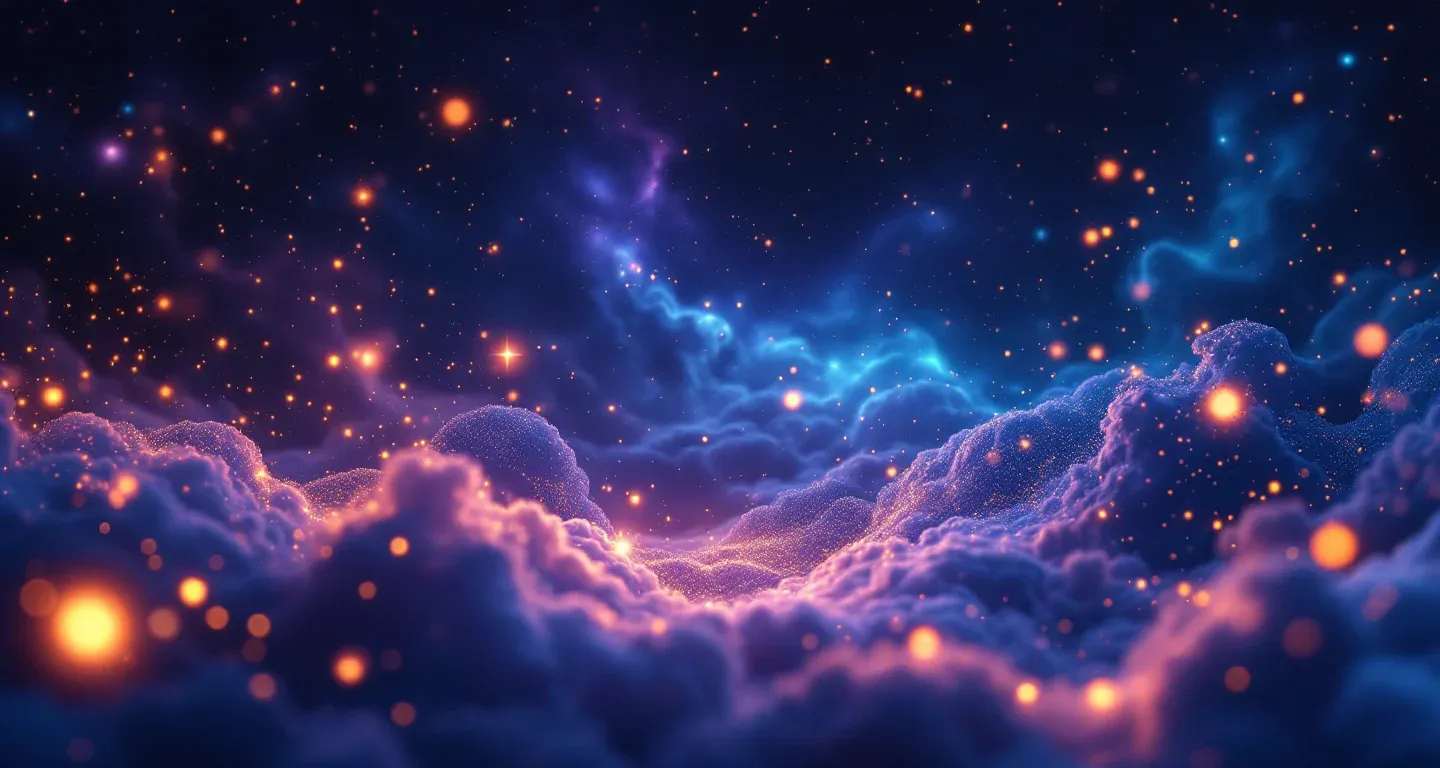 Escena onírica atmosférica con nebulosas morado-magenta y estrellas doradas que representa el símbolo de soñar con un melón.