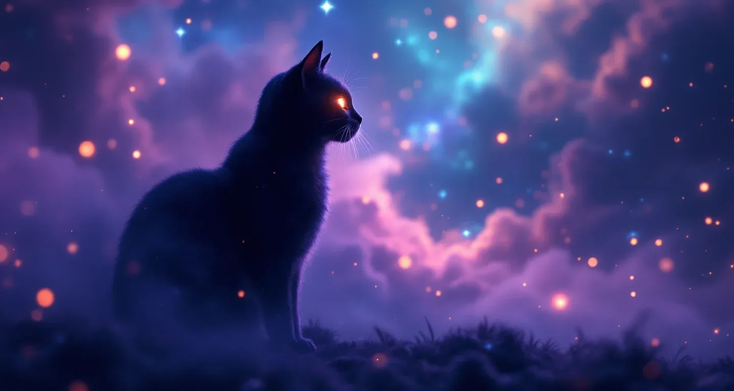 Escena onírica atmosférica con nebulosas moradas y magenta, y estrellas doradas, que representa el símbolo de ver un gato en sueños según Ihya.