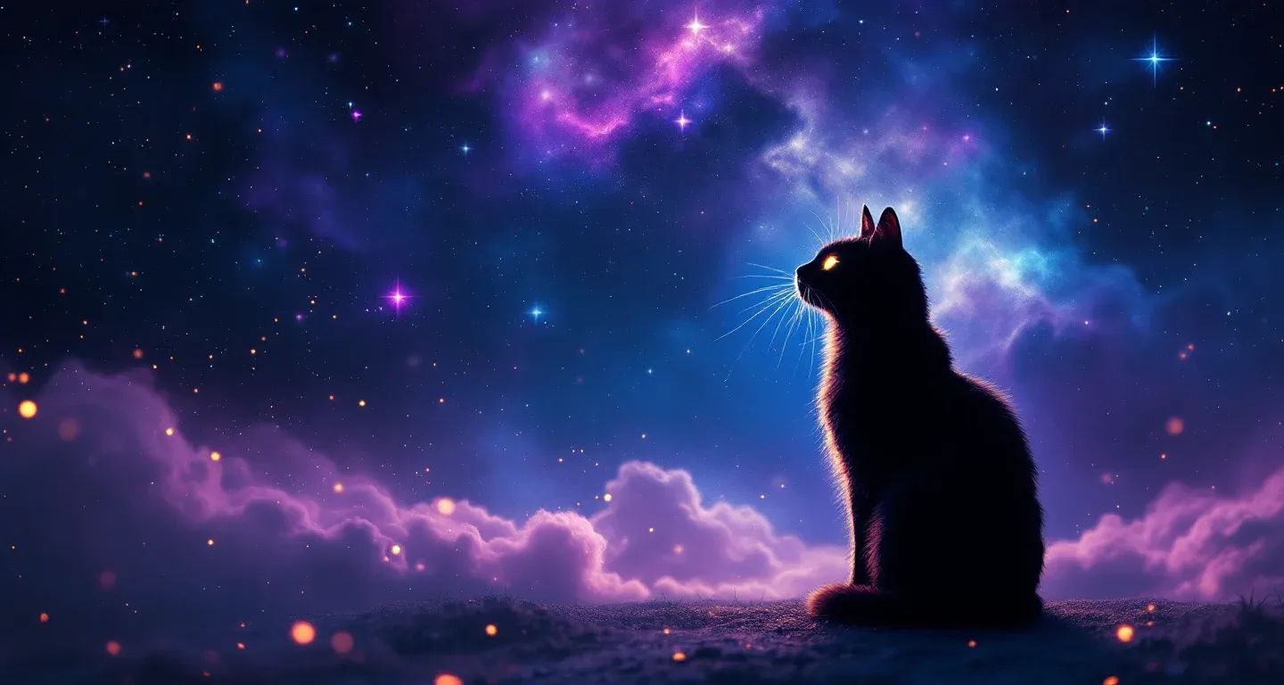Atmospheric dream scene of purple-magenta nebulae and golden stars representing the symbol of seeing a cat in a dream.