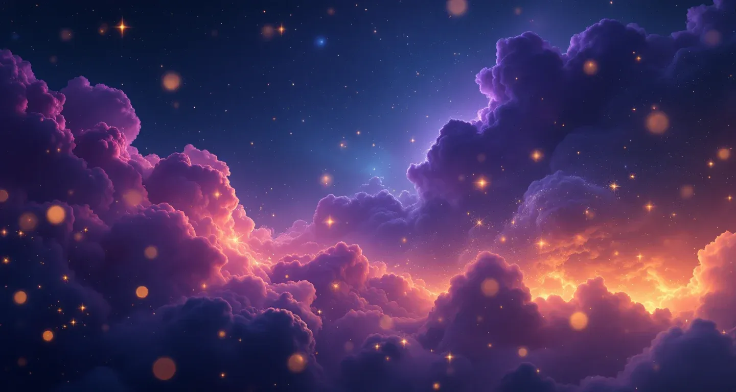 Escena onírica atmosférica con nebulosas morado-magenta y estrellas doradas, que representa el símbolo de ver en sueños que un gato te muerde pero no duele.