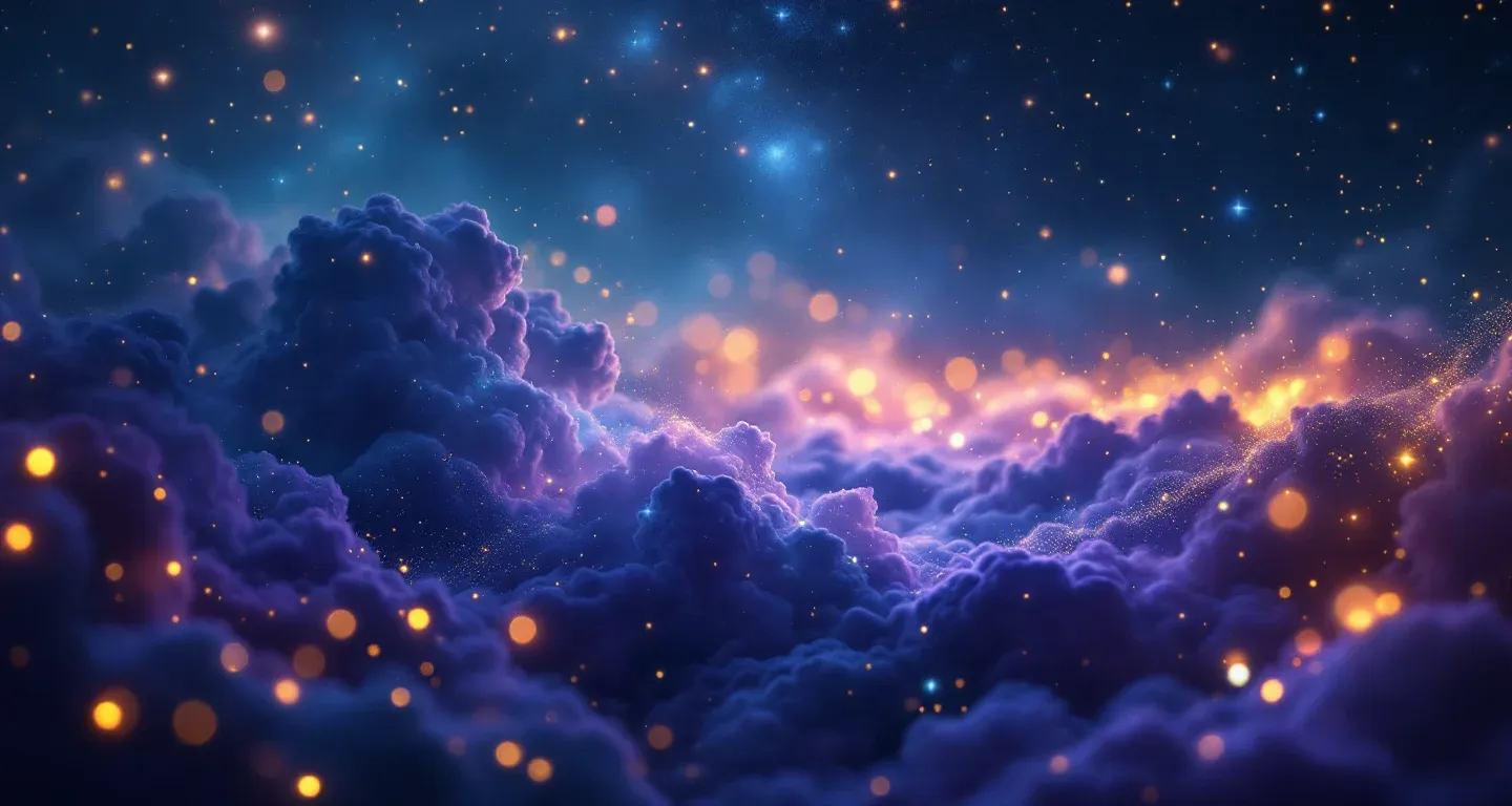 Escena onírica atmosférica con una nebulosa morada y magenta, y estrellas doradas, que representa el símbolo de acariciar un gato en sueños.