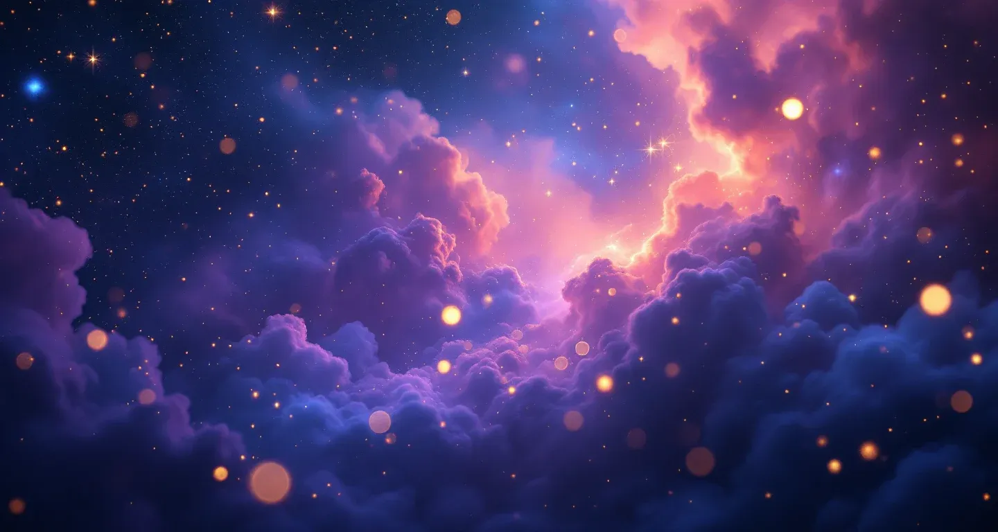 代表“梦见被猫舔”这一符号的氛围感梦境场景，由紫红色星云与金色星光构成。