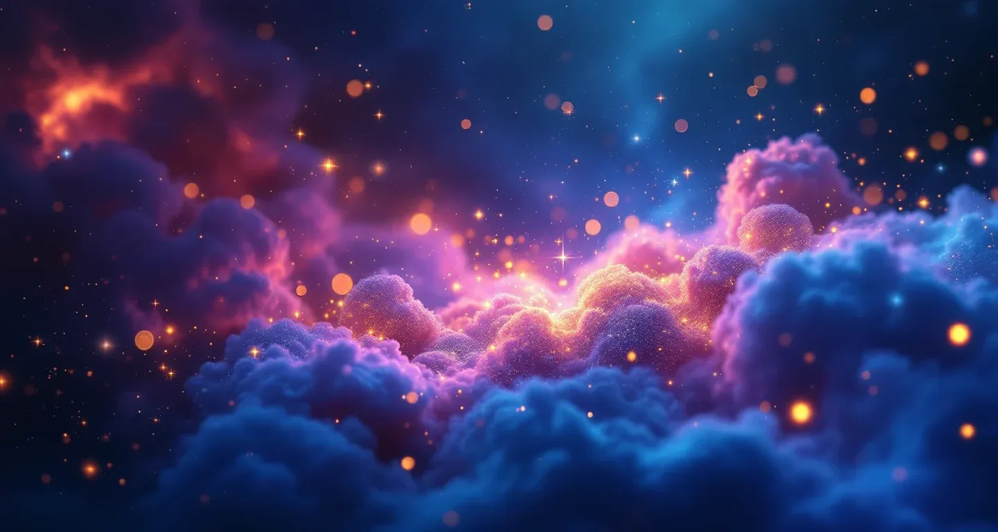 Escena onírica atmosférica con nebulosas moradas y magenta y estrellas doradas, que representa el símbolo de ver un ratón en la boca de un gato en sueños.