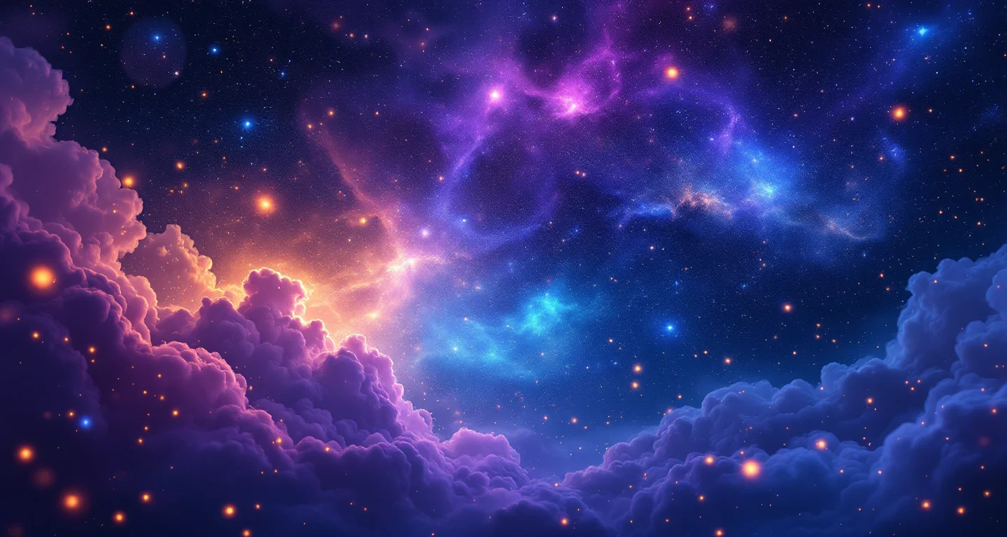 Rüyada Kefenli Ölünün Canlanması Görmek sembolünü temsil eden, mor-magenta bulutsu ve altın yıldızlardan oluşan atmosferik rüya sahnesi.