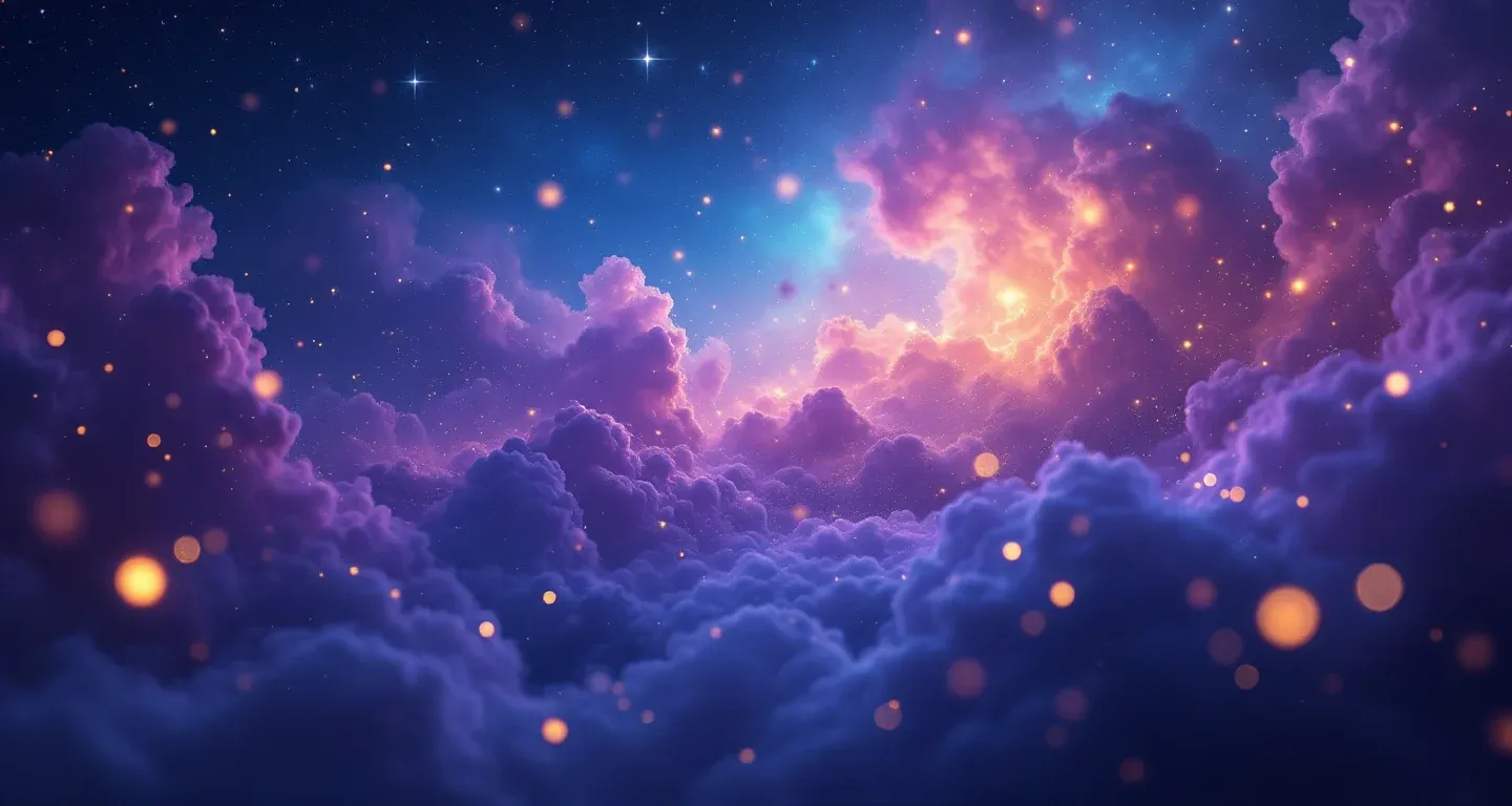 Escena onírica atmosférica con nebulosa morada-magenta y estrellas doradas, que representa el símbolo de soñar con comer bizcocho.