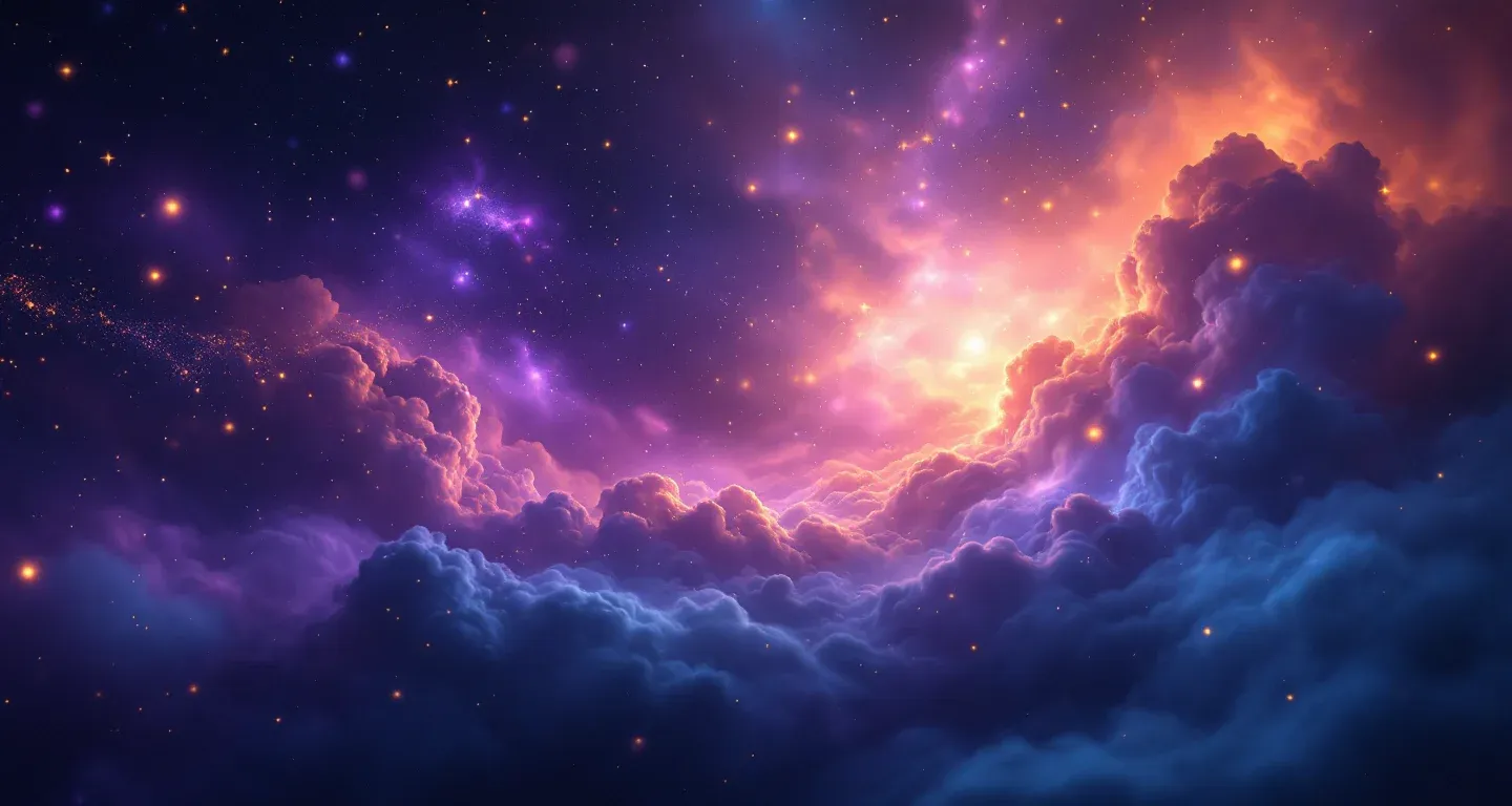 Atmosphärische Traumszene mit violett-magenta Nebel und goldenen Sternen, die das Symbol des Abfallens eines Fleischstücks vom eigenen Körper darstellt.