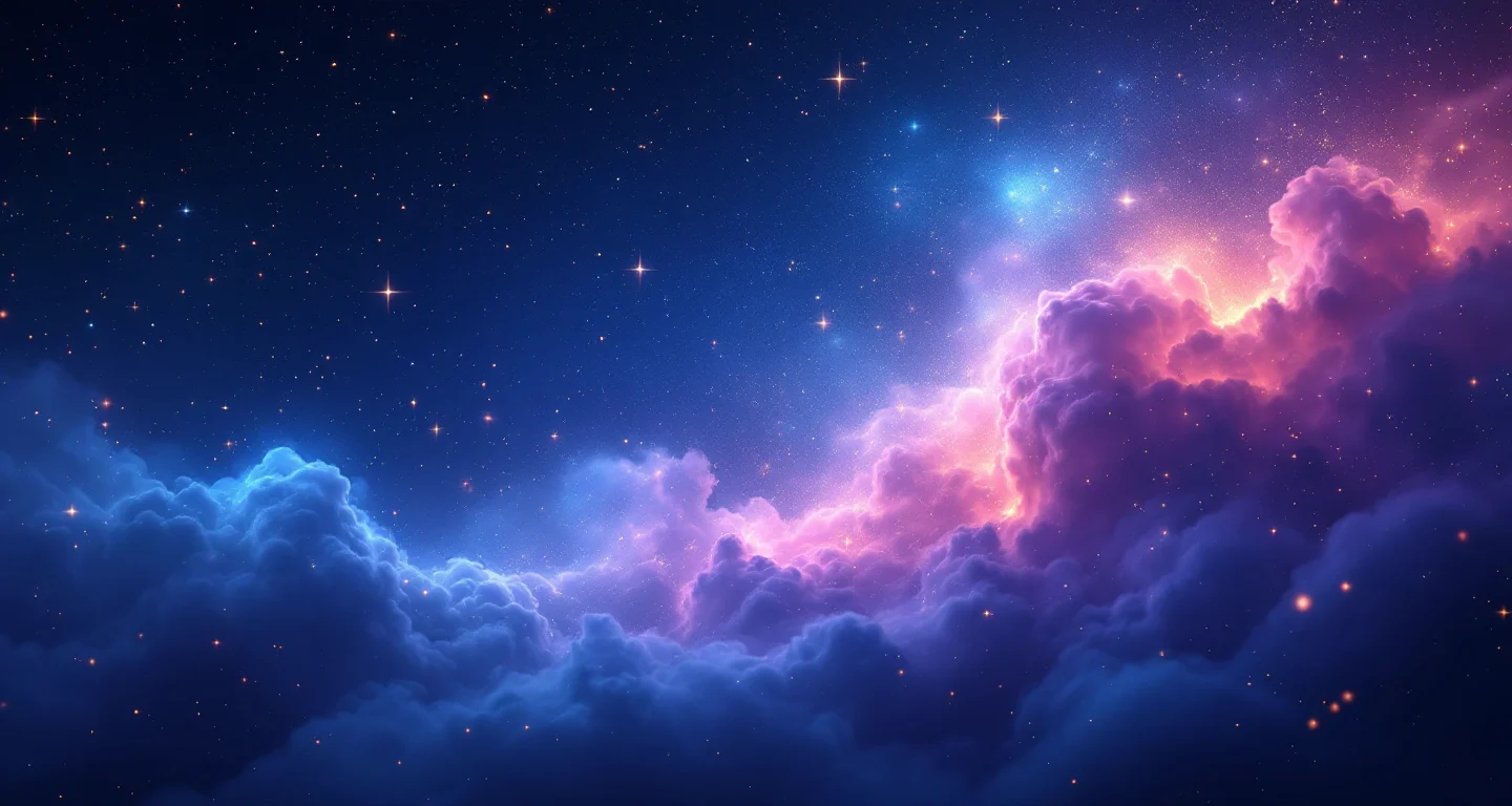 Rüyada Kendini Örtmeye Çalışmak sembolünü temsil eden, mor-magenta bulutsu ve altın yıldızlardan oluşan atmosferik rüya sahnesi.