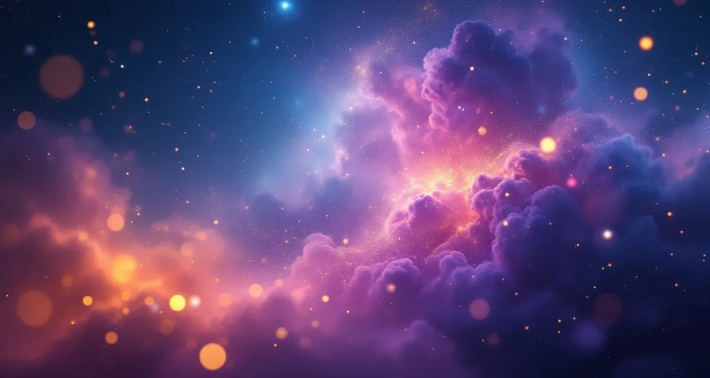 Escena onírica atmosférica con una nebulosa morada-magenta y estrellas doradas que representa el símbolo de soñar con un lagarto.