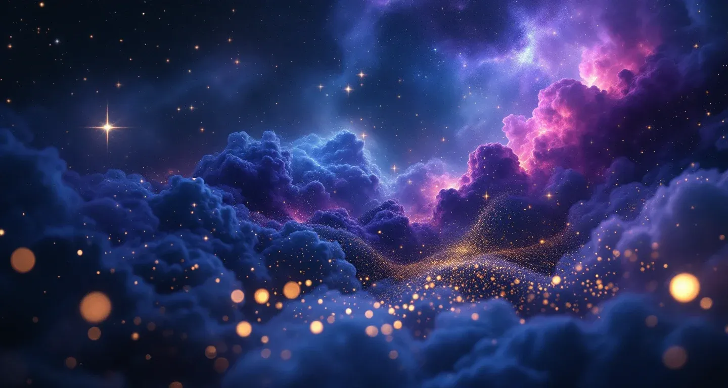 Atmosphärische Traumszene mit violett-magenta Nebel und goldenen Sternen, die das Symbol „Im Traum Schmutz abreiben“ darstellt.